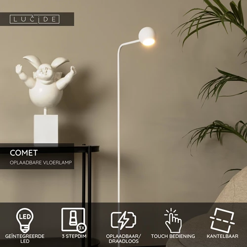 Lucide COMET - Oplaadbare Vloerlamp - Accu/Batterij - LED 3 StepDim - 1x3W 2700K - Wit - USP